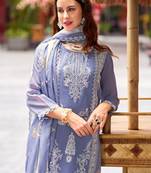 Floral embroidered round neck thread work straight kurta with trousers & dupatta