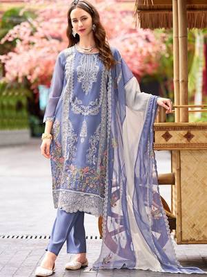 Floral embroidered round neck thread work straight kurta with trousers & dupatta 1
