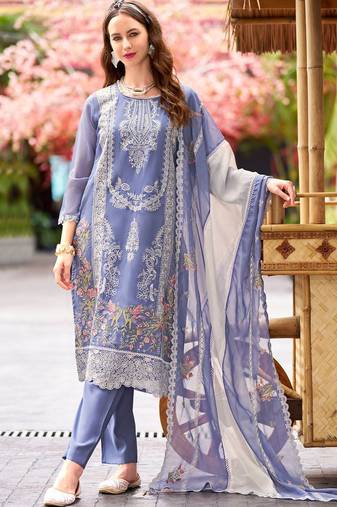 Floral embroidered round neck thread work straight kurta with trousers & dupatta