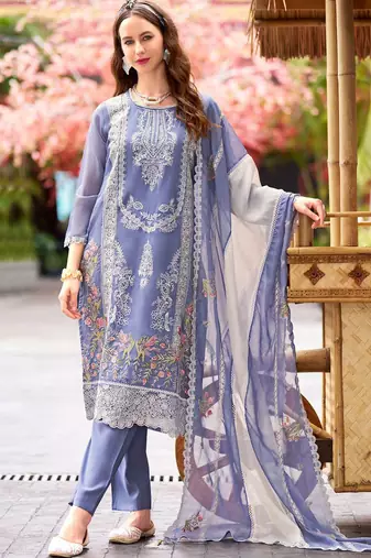 Floral embroidered round neck thread work straight kurta with trousers & dupatta