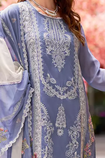 Floral embroidered round neck thread work straight kurta with trousers & dupatta