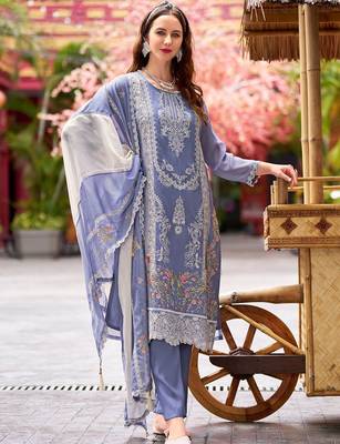Floral embroidered round neck thread work straight kurta with trousers & dupatta 4