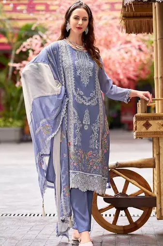 Floral embroidered round neck thread work straight kurta with trousers & dupatta