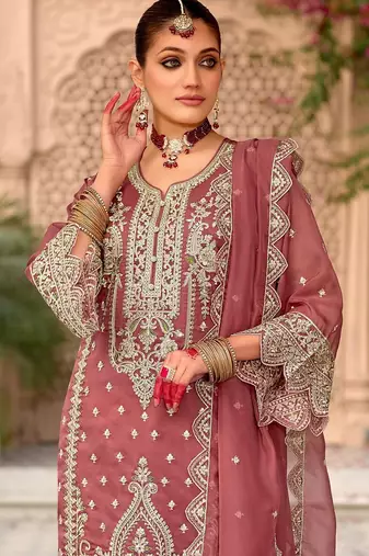 Floral embroidered notch neck zari organza kurta with trousers and dupatta