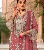 Floral embroidered notch neck zari organza kurta with trousers and dupatta