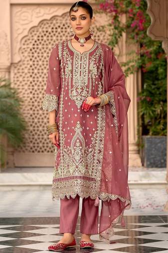 Floral embroidered notch neck zari organza kurta with trousers and dupatta