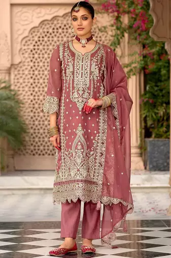 Floral embroidered notch neck zari organza kurta with trousers and dupatta