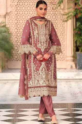 Floral embroidered notch neck zari organza kurta with trousers and dupatta