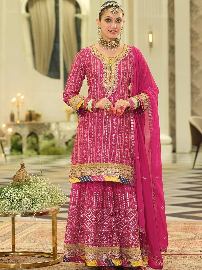 Women ethnic motifs embroidered regular sequinned kurta set with dupatta