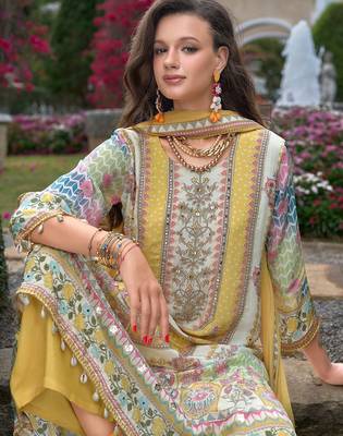 Floral printed mirror work round neck liva a-line kurta with palazzos & dupatta 2