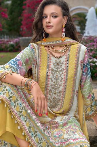 Floral printed mirror work round neck liva a-line kurta with palazzos & dupatta