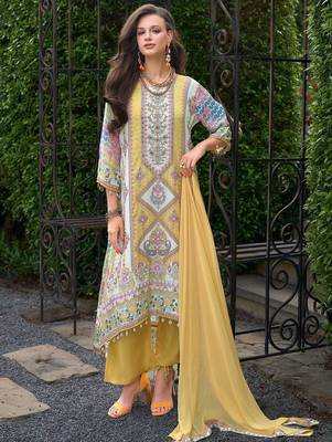 Floral printed mirror work round neck liva a-line kurta with palazzos & dupatta 1