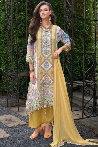 Floral printed mirror work round neck liva a-line kurta with palazzos & dupatta