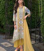 Floral printed mirror work round neck liva a-line kurta with palazzos & dupatta