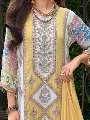 Floral printed mirror work round neck liva a-line kurta with palazzos & dupatta 3