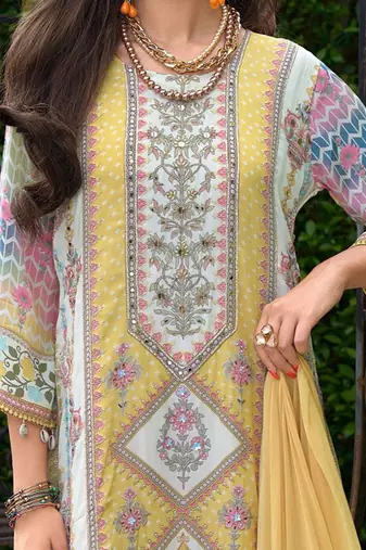 Floral printed mirror work round neck liva a-line kurta with palazzos & dupatta