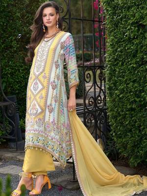 Floral printed mirror work round neck liva a-line kurta with palazzos & dupatta 4