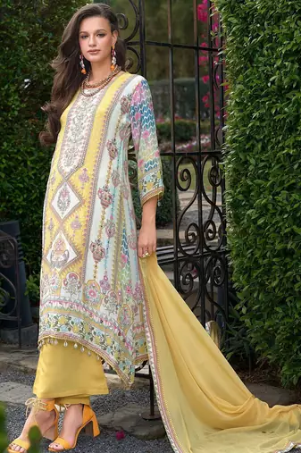 Floral printed mirror work round neck liva a-line kurta with palazzos & dupatta