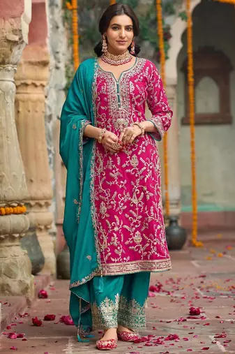 Zari ethnic motifs embroidered notch neck straight kurta with trousers & dupatta