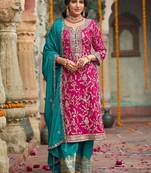 Zari ethnic motifs embroidered notch neck straight kurta with trousers & dupatta