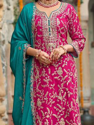 Zari ethnic motifs embroidered notch neck straight kurta with trousers & dupatta 3