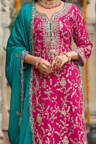 Zari ethnic motifs embroidered notch neck straight kurta with trousers & dupatta