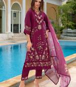 Women floral embroidered thread work silk kurta with trousers & with dupatta