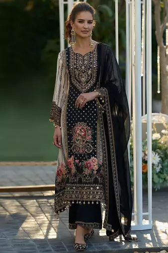 Floral printed sweetheart neck mirror work straight kurta with palazzos & dupatta