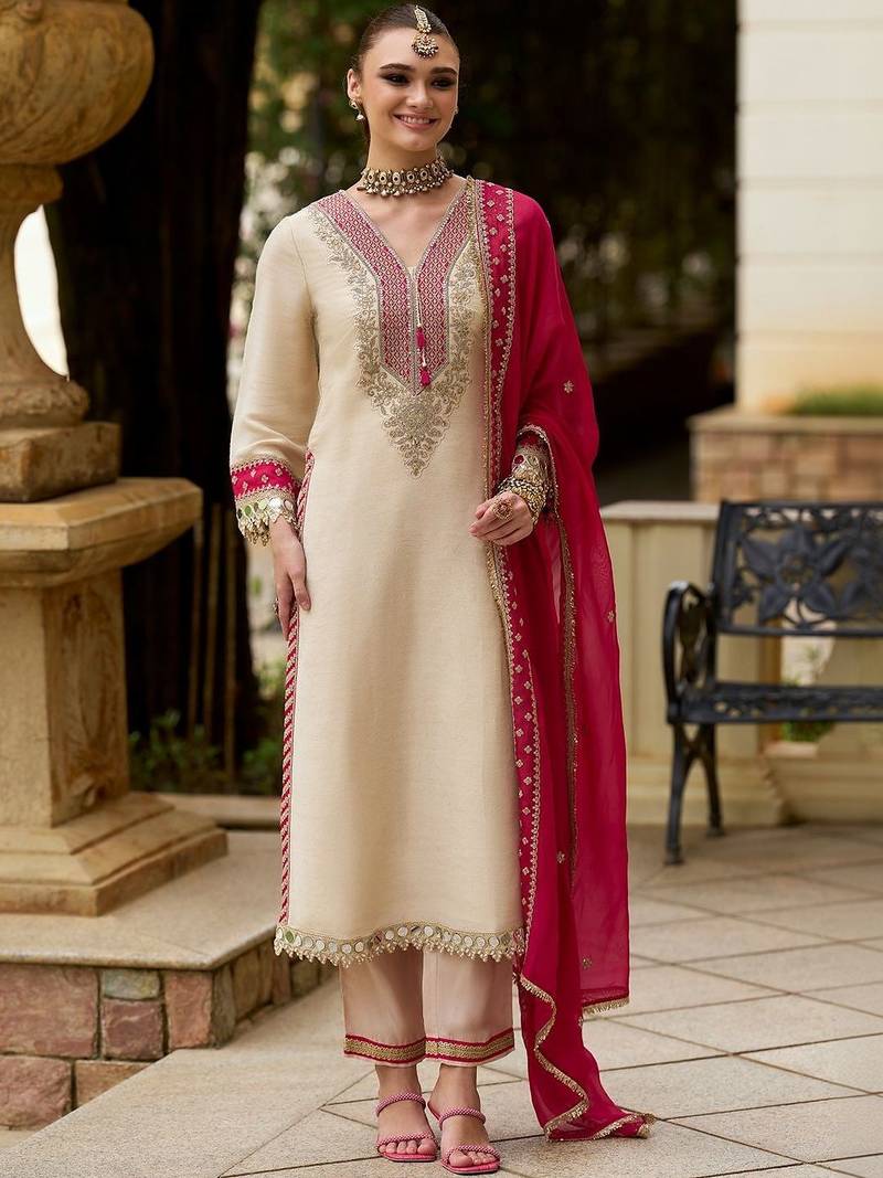 Women ethnic motifs embroidered regular mirror work kurta with trousers & with dupatta