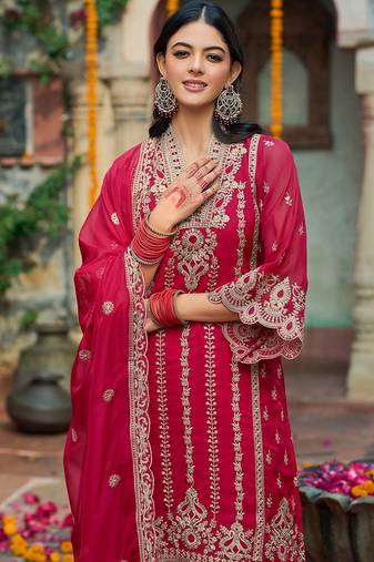 Ethnic motifs  embroidered v-neck zari organza kurta with trousers and dupatta