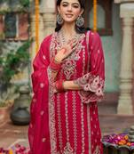 Ethnic motifs  embroidered v-neck zari organza kurta with trousers and dupatta
