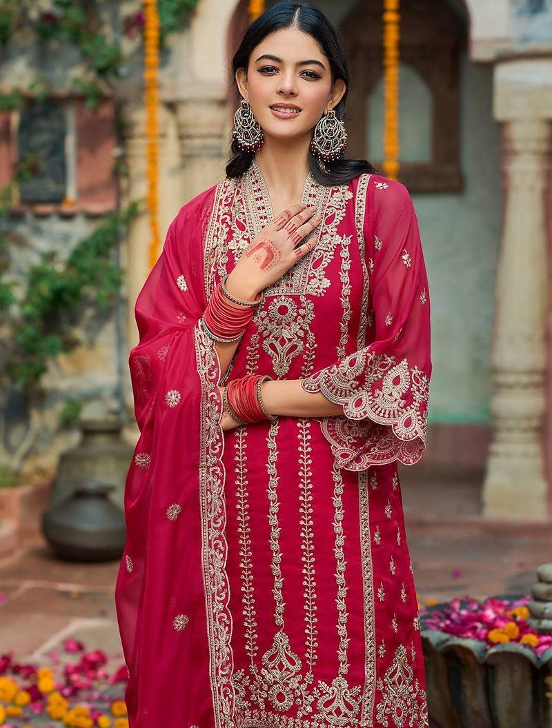 Ethnic motifs  embroidered v-neck zari organza kurta with trousers and dupatta