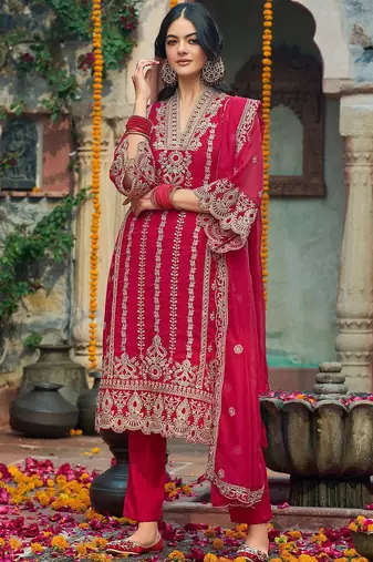 Ethnic motifs  embroidered v-neck zari organza kurta with trousers and dupatta
