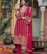 Ethnic motifs embroidered v-neck zari organza kurta with trousers and dupatta