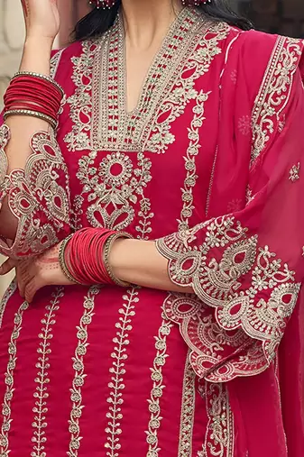Ethnic motifs  embroidered v-neck zari organza kurta with trousers and dupatta