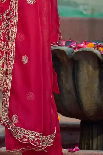 Ethnic motifs  embroidered v-neck zari organza kurta with trousers and dupatta