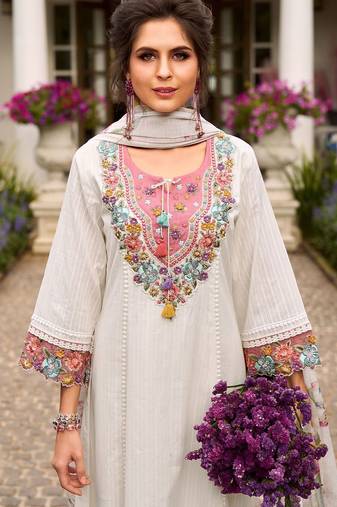 Women floral embroidered thread work pure cotton kurta & trousers with dupatta