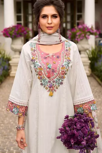 Women floral embroidered thread work pure cotton kurta & trousers with dupatta