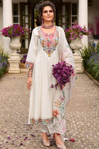 Women floral embroidered thread work cotton kurta & trousers with dupatta