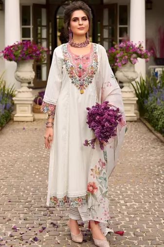 Women floral embroidered thread work pure cotton kurta & trousers with dupatta