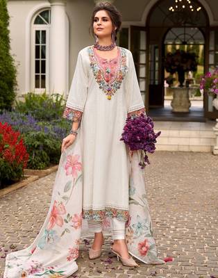 Women floral embroidered thread work cotton kurta & trousers with dupatta 4
