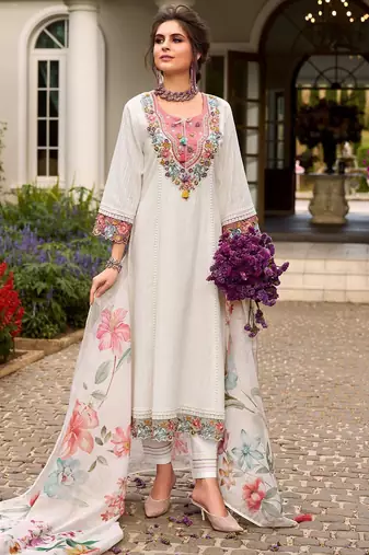 Women floral embroidered thread work pure cotton kurta & trousers with dupatta