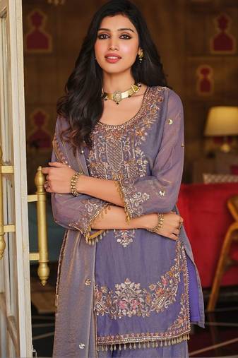 Women ethnic motifs embroidered regular thread work kurta with sharara & with dupatta