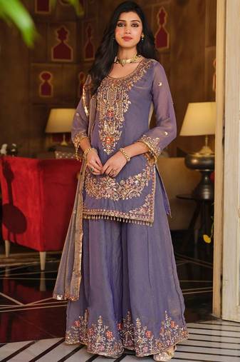 Women ethnic motifs embroidered thread work kurta with sharara & with dupatta
