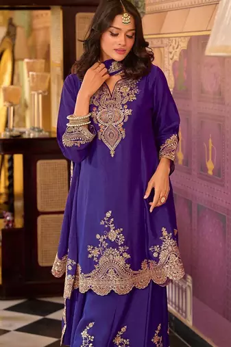 Floral embroidered sequinned chinon a-line kurta with palazzos & dupatta