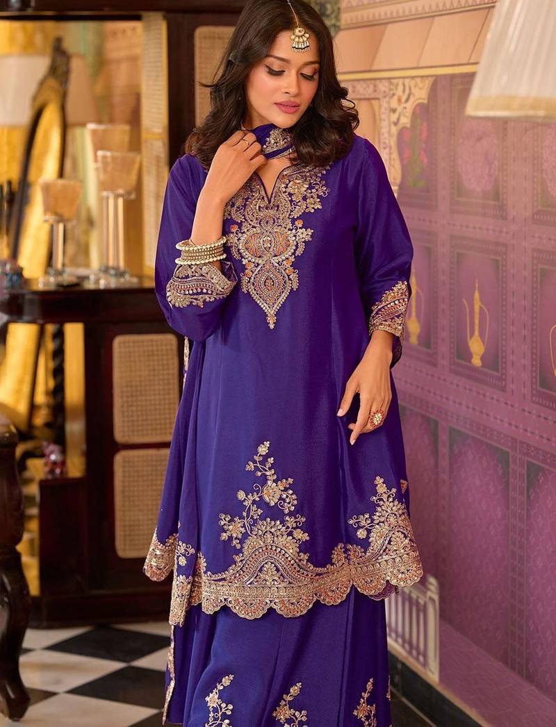 Floral embroidered sequinned chinon a-line kurta with palazzos & dupatta