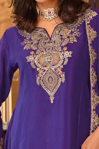 Floral embroidered sequinned chinon a-line kurta with palazzos & dupatta
