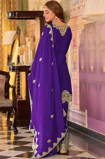 Floral embroidered sequinned chinon a-line kurta with palazzos & dupatta