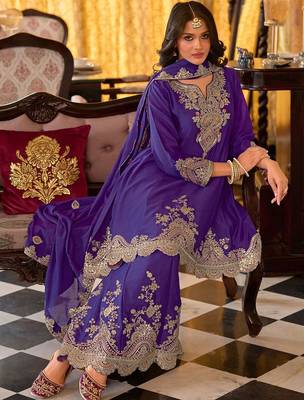 Floral embroidered sequinned chinon a-line kurta with palazzos & dupatta 1