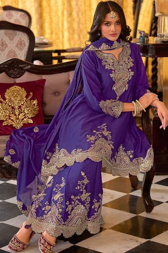 Floral embroidered sequinned chinon a-line kurta with palazzos & dupatta